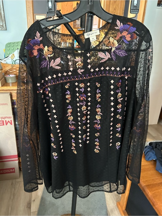 Style & Co. Tops - Style & Co. Black Sheer Embroidered Floral Long-Sleeve Blouse